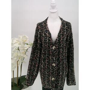 Favlux Fuzzy Sparkle Weave Thread Oversized Button Front Cardigan Sweater Large